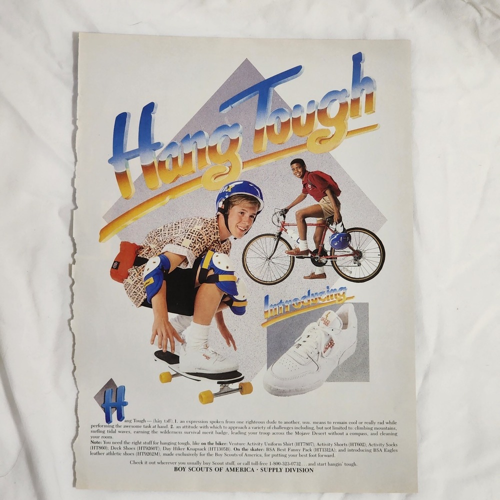 Vintage 1989 Boy Scouts Hang Tough Print Ad Skateboard Bicycle BSA Clipping